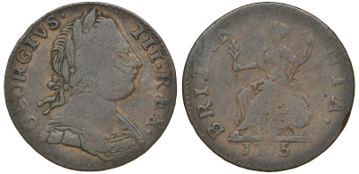 Великобритания 1 фартинг 1775 Георг III (1760-1820) KM 602, Spink 3775 медь 4174-738