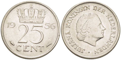 НИДЕРЛАНДЫ 25 ЦЕНТОВ 1956 КОРОЛЕВА ЮЛИАНА KM 183 никель 3955-149