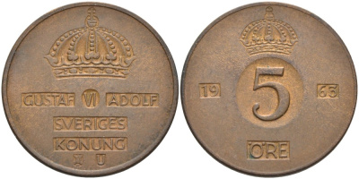 Швеция 5 эре 1963 U, Густав VI Адольф (1950-1973) KM 822 бронза 4557-816