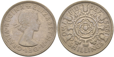 Великобритания 2 шиллинга (флорин) 1955 Елизавета II (1952-2022) KM 906, Spink 4146 медно-никель 4367-1246