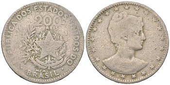 Бразилия 200 реалов 1901 MCMI, голова свободы вправо KM 504 медно-никель 4612-144