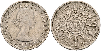 Великобритания 2 шиллинга (флорин) 1957 Елизавета II (1952-2022) KM 906, Spink 4146 медно-никель 4572-1015