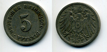 ГЕРМАНИЯ 5 ПФЕННИГОВ 1900 J, KM 11, J. 12 медно-никель 58-1229