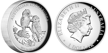 Австралия 1 доллар 2013 две кукабары на ветке, высокорельефная KM NEW серебро PROOF 1074-2-13
