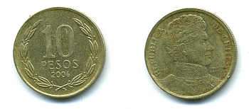 ЧИЛИ 10 ПЕСО 2006 ГЕНЕРАЛ БЕРНАРДО О ХИГГИНС KM 228.2 никель-бронза 37-258