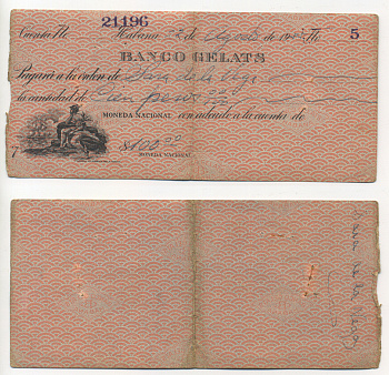 Куба чек именной № 5 1955 БАНК GELATS, НА ИМЯ САРА ДЕ ЛА ВЕГИ, НА СУММУ 100 ПЕСО    бумага   504-50-1-1