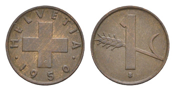 Швейцария 1 раппен 1950 B KM 46 бронза 4630-525