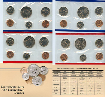 США официальный набор из 10 монет и 2 жетонов 1988 1, 5, 10, 25 и 50 центов, монетные дворы P и D, в оригинальном конверте KM MS 152   UNC  1181-4-04