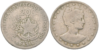 Бразилия 200 реалов 1901 MCMI, голова свободы вправо KM 504 медно-никель 4612-144