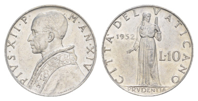 Ватикан 10 лир 1952 MCMLII, Пий XII KM 52 алюминий UNC 4648-121
