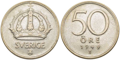 Швеция 50 эре 1949 TS, Густав V (1907-1950) KM 817 серебро 119-1047