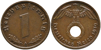 ГЕРМАНИЯ 1 РЕЙХСПФЕННИГ 1939 А KM 89, J.361 бронза 179-1025