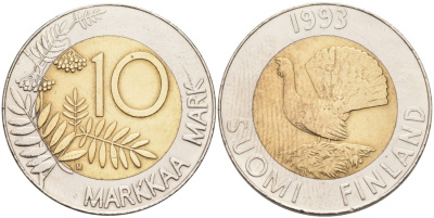 ФИНЛЯНДИЯ 10 МАРОК 1993 М, ГЛУХАРЬ KM 77 биметалл 69-546