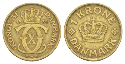 Дания 1 крона 1934 N, Кристиан X (1912-1947) KM 824 алюминиевая бронза 4638-647