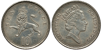 Великобритания 10 пенсов 1992 Елизавета II (1952-2022) KM 938b, Spink 4367 (F4) медно-никель 4182-557