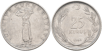 Турция 25 куруш 1968  KM 892.3 сталь 4595-511