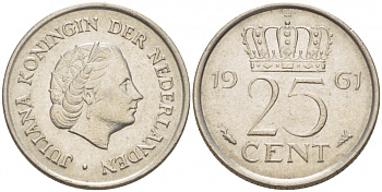 НИДЕРЛАНДЫ 25 ЦЕНТОВ 1961 ЮЛИАНА KM 183 никель 214-747