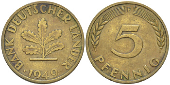 ФРГ 5 ПФЕННИГОВ 1949 F KM 102, J. 377 сталь плакированная латунью 4181-858