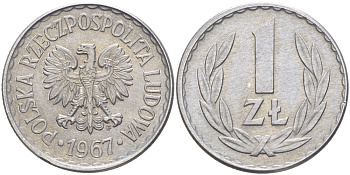 ПОЛЬША 1 ЗЛОТЫЙ 1967 MW, РЕДКИЙ ГОД KM 49.1, Parchimowicz 213d алюминий aUNC 216-814