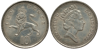 Великобритания 10 пенсов 1992 Елизавета II (1952-2022) KM 938b, Spink 4367 (F4) медно-никель 4182-557