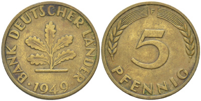 ФРГ 5 ПФЕННИГОВ 1949 F KM 102, J. 377 сталь плакированная латунью 4181-858