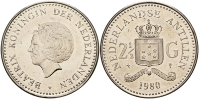 Нидерландские Антилы 2 1/2 гульдена 1980 Беатрикс (1980-2013) KM 19 никель UNC 4179-425