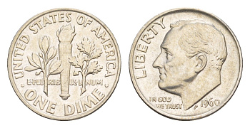 США 1 дайм (10 центов) 1960 KM 195 серебро aUNC 4136-842