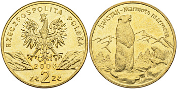 Польша 2 злотых 2006 MW, серия всемирная природа, альпийский сурок KM 534, Parchimowicz 988 нордик 4543-834
