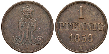 Ганновер 1 пфенниг 1853 B, Георг V KM 221, AKS 155, J. 83 медь 4594-243