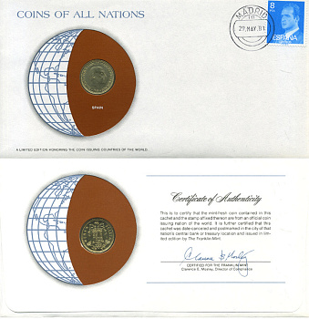 ИСПАНИЯ 1 ПЕСЕТА 1966 (73) конверт с маркой первого дня гашения, Coins of Nations KM 796 алюминиевая бронза UNC 4294-62-2