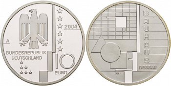 ФРГ 10 евро 2004 A, Баухауз в Дессау, геометрия KM 230, DE.S 10.13 серебро PROOF 02-117-11