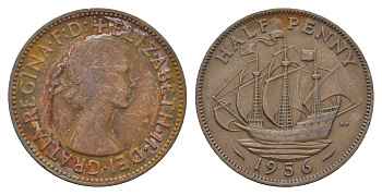 Великобритания 1/2 пенни 1956 Елизавета II (1952-2022) KM 896, Spink 4158 бронза 4662-1137