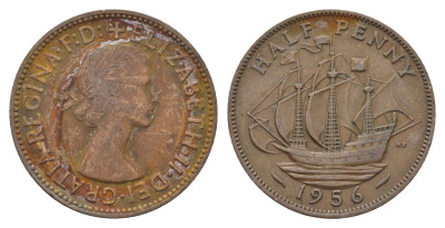 Великобритания 1/2 пенни 1956 Елизавета II (1952-2022) KM 896, Spink 4158 бронза 4662-1137