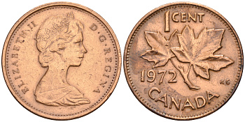 Канада 1 цент 1972 Елизавета II (1952-2022), кленовый лист KM 59.1 бронза    4115-258