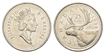 Канада 25 центов 1993 Елизавета II (1952-2022), олень KM 184 никель PROOF-LIKE (BU) 4638-542