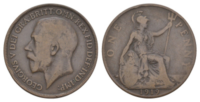 Великобритания 1 пенни 1919 Георг V (1910-1936) KM 810, Spink 4051 бронза 114-413