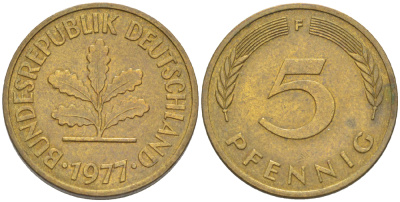 ФРГ 5 ПФЕННИГОВ 1977 F KM 107, J. 382 сталь плакированная латунью 4181-956