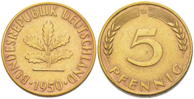 ФРГ 5 ПФЕННИГОВ 1950 D KM 107, J.382 сталь плакированная латунью 206-1131