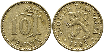 ФИНЛЯНДИЯ 10 ПЕННИ 1963 S KM 46 алюминиевая бронза 75-452