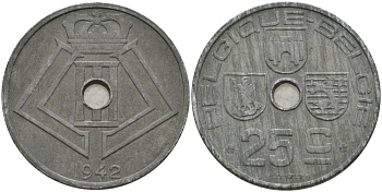 Бельгия 25 сантимов 1942 Belgique-Belgie, Леопольд III (1934-1947) KM 131 цинк 4579-244