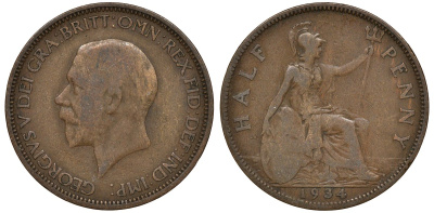Великобритания 1/2 пенни 1934 Георг V (1910-1936) KM 837, Spink 4058 бронза 4163-546
