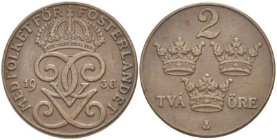 Швеция 2 эре 1936 короткая 6, Густав V (1907-1950) KM 778 бронза 119-1025