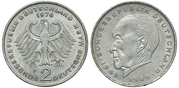 ФРГ 2 МАРКИ 1976 F, КОНРАД АДЕНАУЭР KM 124, J. 406 медно-никель плакированный никелем плакированный никелем UNC 72-512