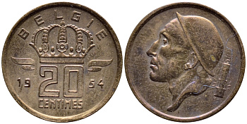БЕЛЬГИЯ 20 САНТИМОВ 1954 BELGIE KM 147.1 бронза 4392-854