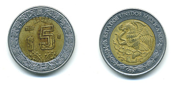 МЕКСИКА 5 ПЕСО 1998 Mo KM 605 биметалл 4364-517