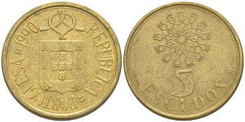 ПОРТУГАЛИЯ 5 ЭСКУДО 1990 KM 632 никель латунь 213-311