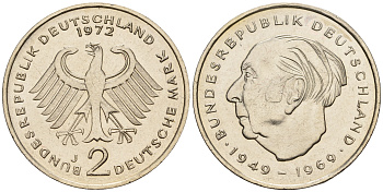 ФРГ 2 марки 1972 J, Теодор Хойс KM 127, J. 407 медно-никель плакированный никелем UNC 259-233