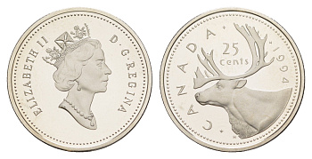 Канада 25 центов 1994 Елизавета II (1952-2022), олень KM 184 никель PROOF 3711-1934