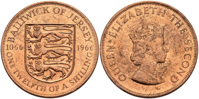 Джерси 1/12 шиллинга 1966 900 лет Нормандскому завоеванию KM 26 бронза UNC 4512-342