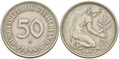 ФРГ 50 ПФЕННИГОВ 1950 D KM 109.1, J. 384 медно-никель 112-952